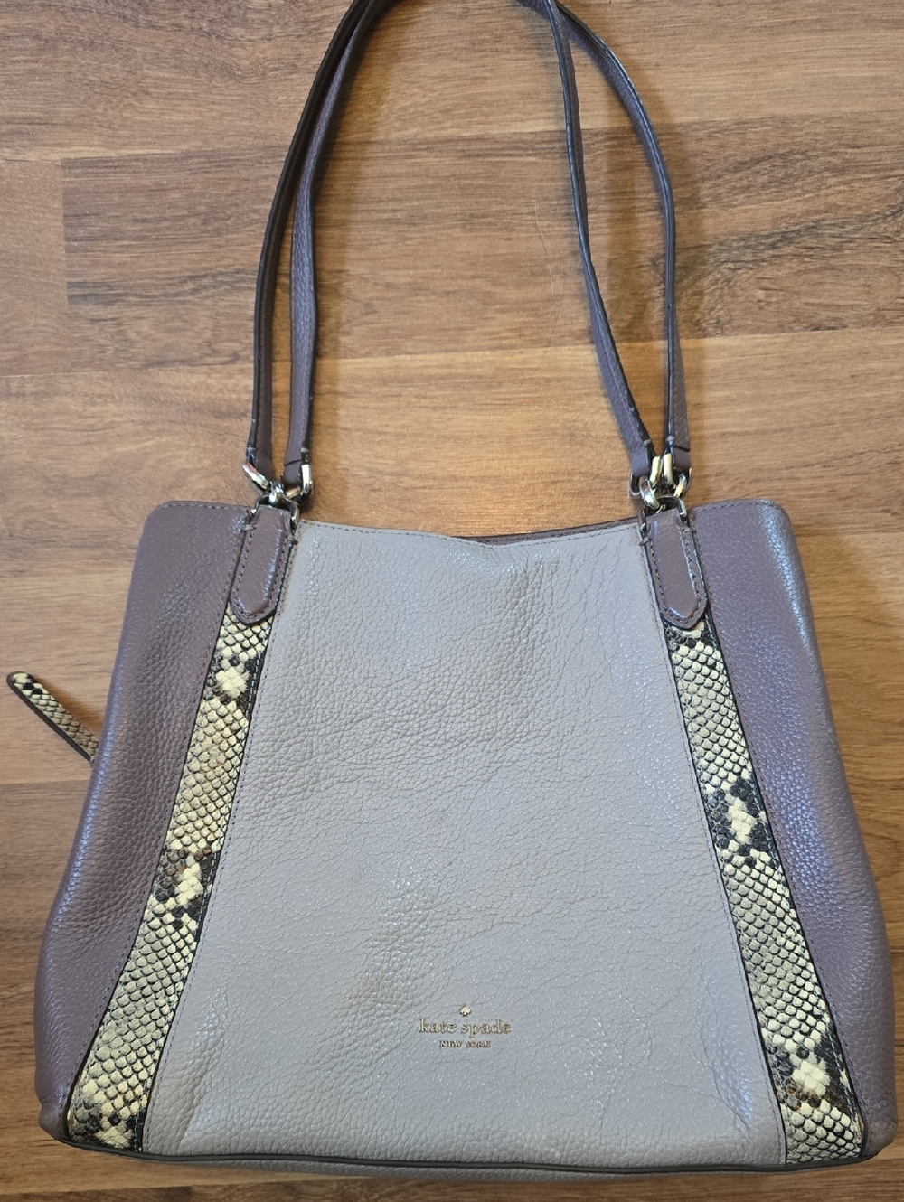 kate spade Taupe and Brown Shoulder Bag with Snake-Print Trim